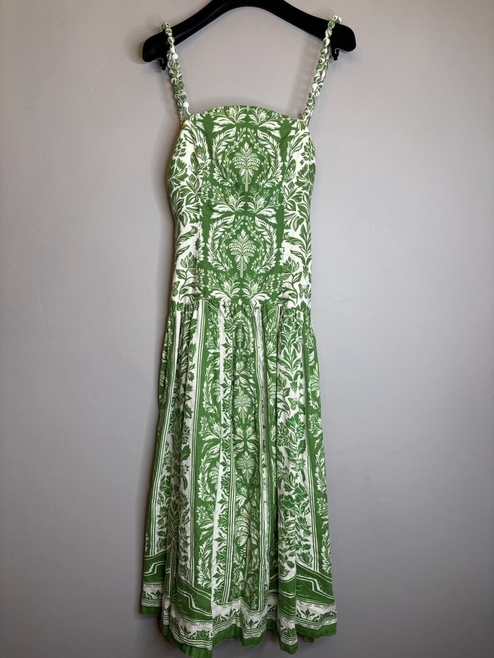 Farm Rio Green White Flora Tile Print Spaghetti Strap Maxi Dress Womens Size S